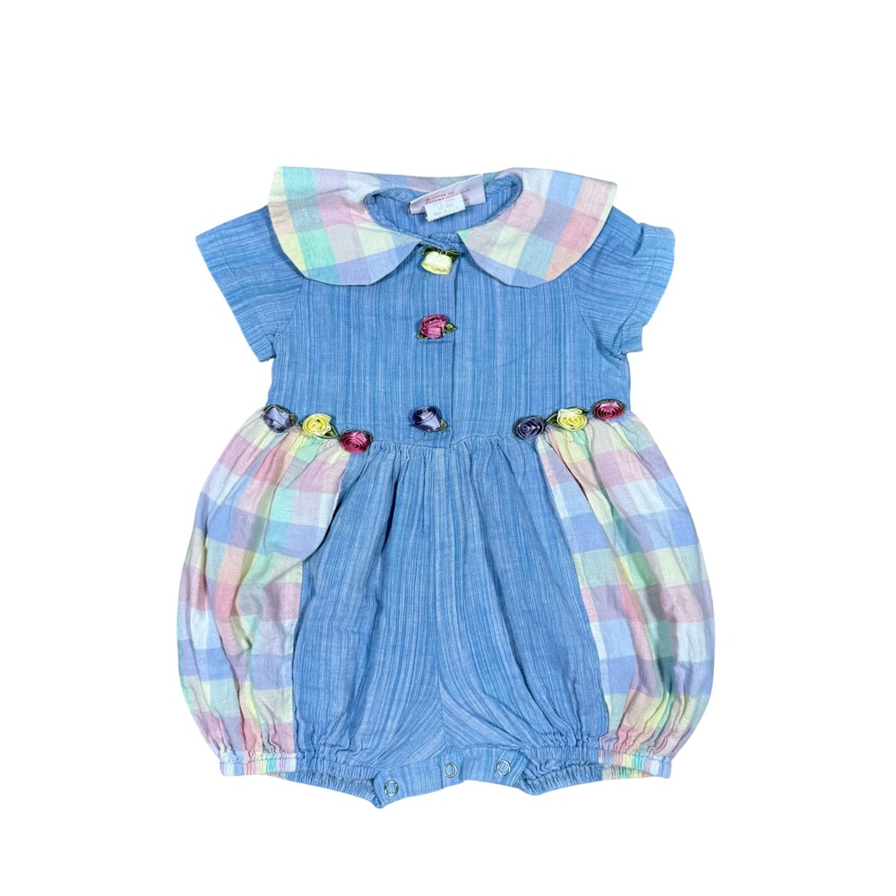 Vintage 80's Tickle Me Pastel Rainbow Plaid Bubble‎ Romper 18 Months